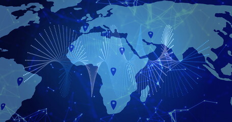 Displaying stylized world map showing data network on digital mesh background, with pins and nodes