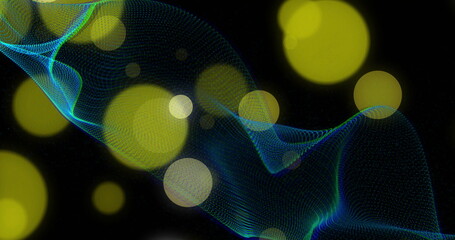 Flowing turquoise mesh wave weaving across black backdrop with yellow-green bokeh circles