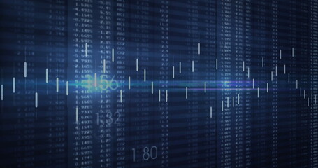 Displaying financial chart showing candlesticks on trading screen, with blue glow and percent data