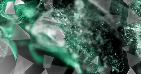 Floating triangular prisms drifting in dark digital space, with swirling green particle clouds