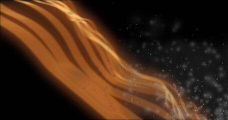 Twisting golden-orange fluid ribbon flowing across dark digital art background, silvery particles