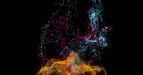 Pulsating orange mesh forming waves in digital void, with swirling cyan and magenta particles