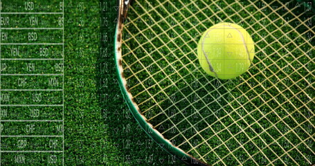 Balancing yellow tennis ball on green racket over grass court with financial data, copy space