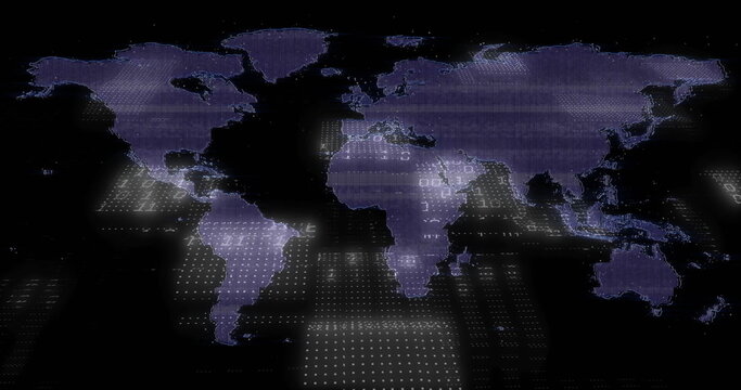 Floating digital world map hovering in virtual dotted grid plane, with glowing numeric code