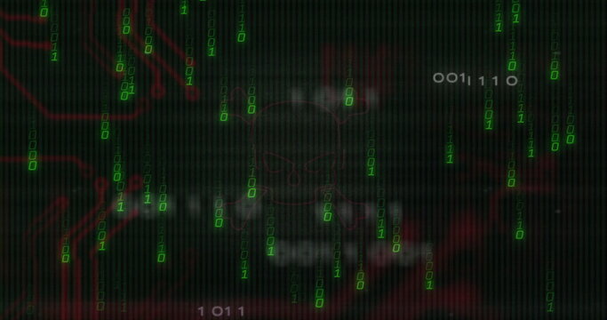 Displaying skull icon at hacking terminal center, with falling green binary digits and red tracings - Powered by Adobe