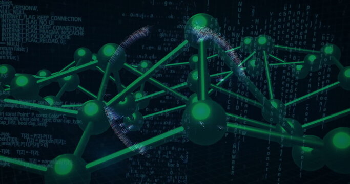 Displaying data network graph in digital space with luminous green nodes, rods and globe overlay