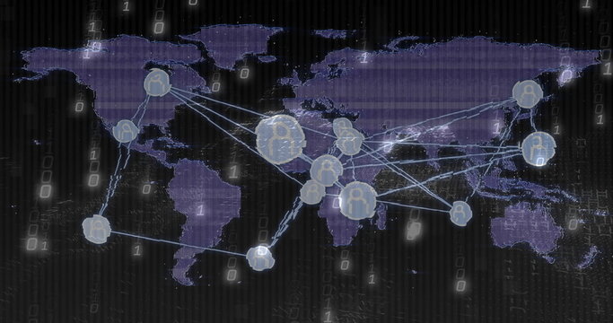Depicting network graph connecting user icons with glowing lines on world map, with binary digits