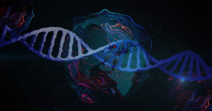 Displaying glowing DNA double helix in virtual lab, with globe mesh, swirling lights and particles - Powered by Adobe