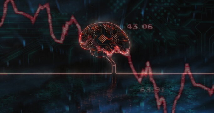 Neon red circuit-brain schematic floating on baseline in matrix, showing red waveform, number tags - Powered by Adobe
