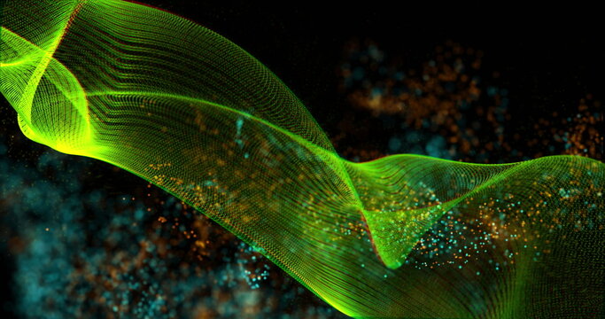 Flowing translucent green wave ribbon twisting across digital space with teal amber particles