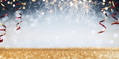 Sparkling confetti and ribbons adorn a festive background with a glittering golden foreground perfect for celebratory occasions and party themes