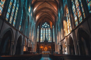 Obraz premium medieval cathedral interior with stained glass windows