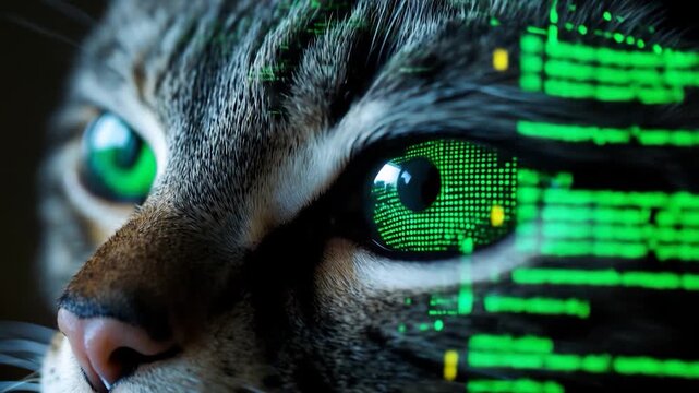 Cybernetic Cat Eye: Digital Data Flowing Through Feline Gaze in Close-Up