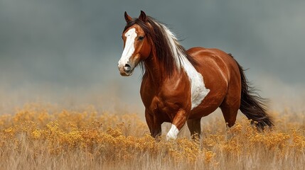 Obraz premium Majestic horse running through autumn grassland under cloudy sky in serene countryside setting