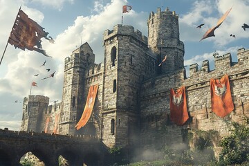 Fototapeta premium medieval castle with banners flying in the wind