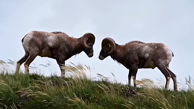 Two Bighorn Sheep Facing Each Other on a Grassy Hillside