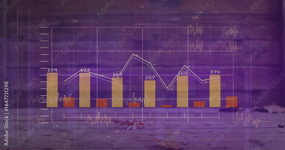 Poster displaying data visualization on plank surface, with six yellow bars, red segments, white line plot