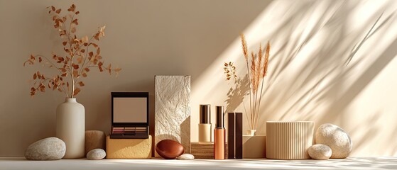 Minimalist makeup display with natural elements