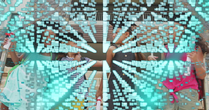 Fototapeta Standing four girls holding white paper tubes before wood siding building, with turquoise overlay