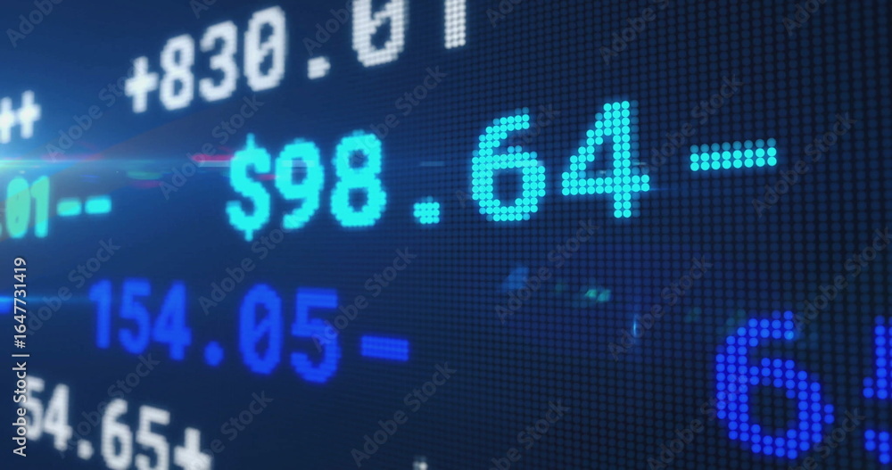 Poster displaying led panel at trading board showing pixelated $ symbols and numbers with plus-minus signs