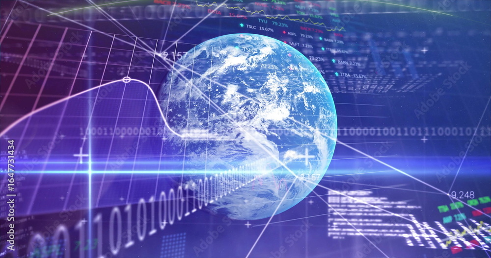 Poster rotating stylized earth globe hovering at digital interface, with binary code, line graph overlays
