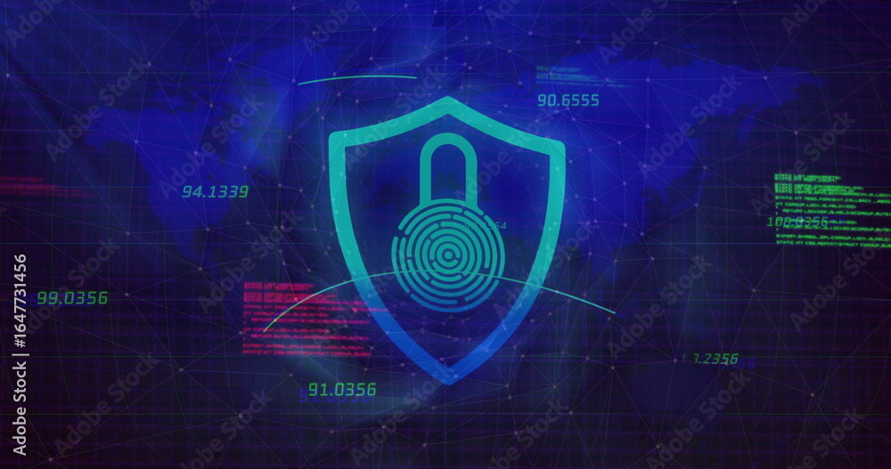Poster displaying shield icon encasing padlock fingerprint over grid arc lines, flowing green red codes