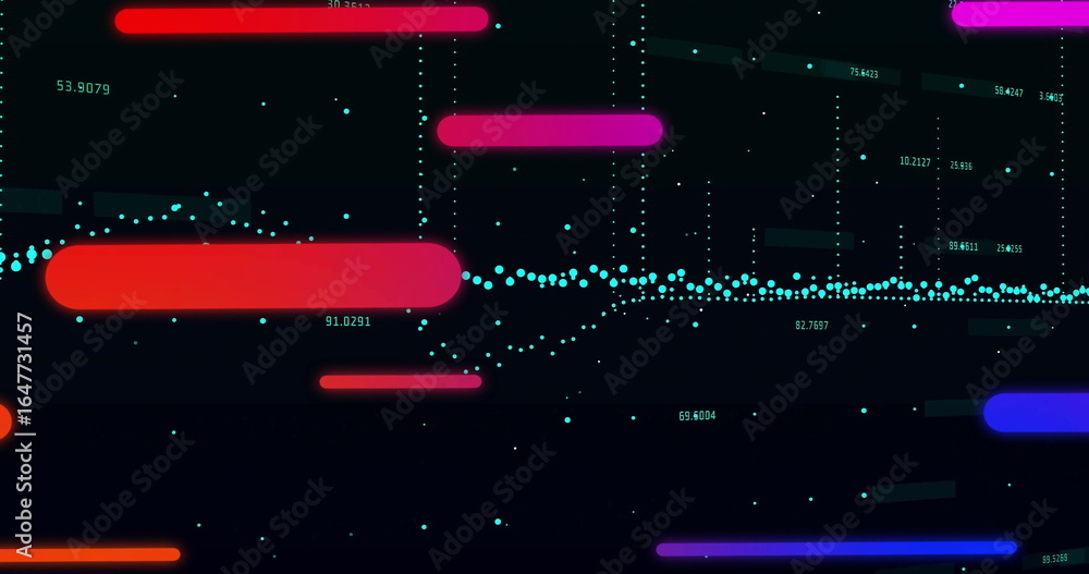 Aufkleber displaying glowing horizontal bars and cyan scatter in data dashboard, with numerical labels
