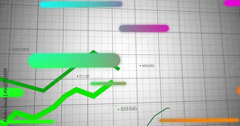 Poster displaying green zigzag line chart rising on dashboard with triangular markers and gradient bars