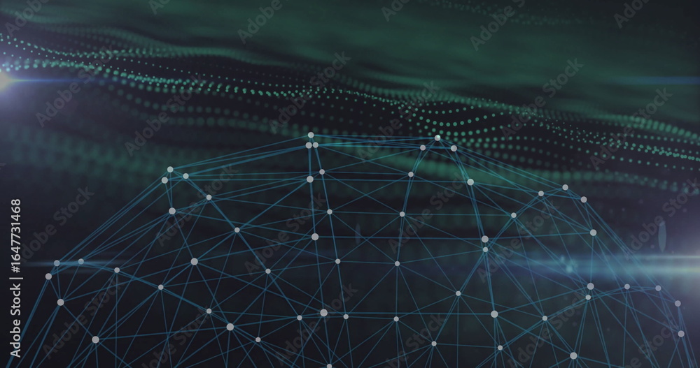 Poster showing cobalt-green semi-spherical mesh grid forming dome in digital interface, with glowing nodes