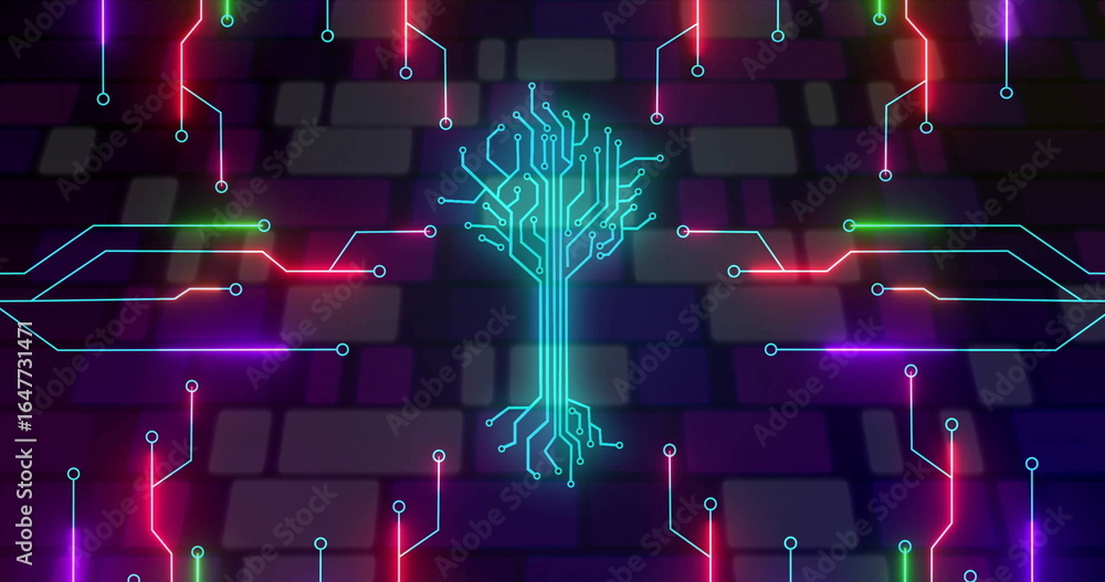 Poster glowing cyan circuit-tree icon branching neon traces over dark grid tiles, showing circular nodes