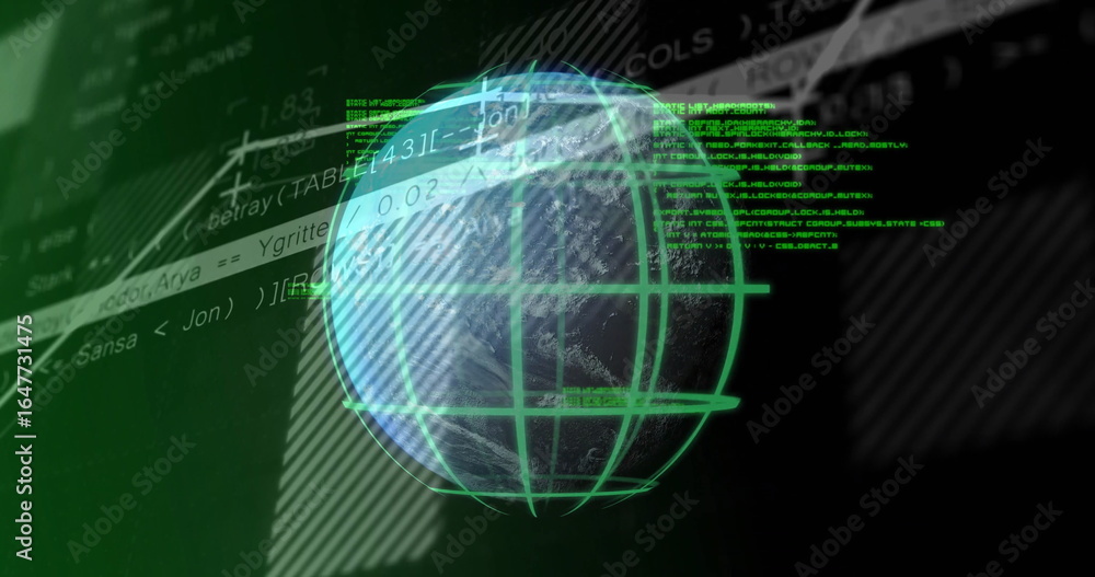 Poster floating earth sphere showing green grid, flowing code and diagonal stripes on cyber dashboard