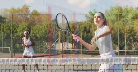 Hitting right-side tennis player swinging racket on outdoor court, with partner waiting, copy space