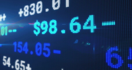 Displaying LED panel at trading board showing pixelated $ symbols and numbers with plus-minus signs