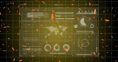 Displaying control panel streaming world map, charts over dark grid with floating orange particles