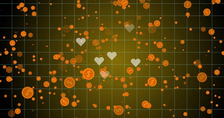 Floating glowing orange dollar icons, white hearts on green grid interface, data display