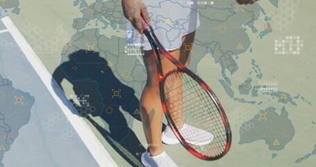 Holding athlete gripping racket on tennis court, in white skirt and shoes, with world map overlay