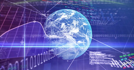 Rotating stylized Earth globe hovering at digital interface, with binary code, line graph overlays