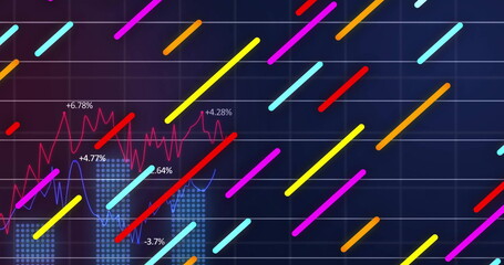 Displaying data in dark-grid UI with light-blue bars, red and blue lines, percent labels, diagonals