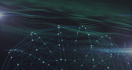 Showing cobalt-green semi-spherical mesh grid forming dome in digital interface, with glowing nodes