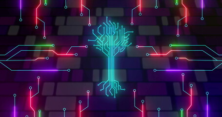 Glowing cyan circuit-tree icon branching neon traces over dark grid tiles, showing circular nodes