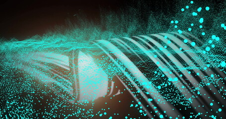 Flowing digital wave forming smooth streaks on dark digital background, with teal white particles