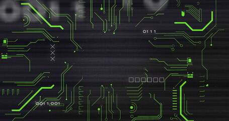 Showing neon green circuit traces and nodes covering interface panel with shapes and binary digits