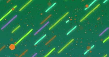 Displaying neon streaks and orbs moving across abstract teal-green backdrop, with scattered dots
