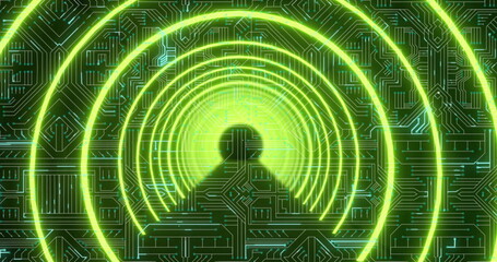Standing featureless silhouette glowing in digital space, with neon green rings over circuit board