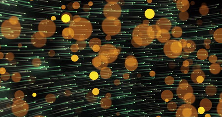 Displaying orange orbs and curved green streaks in digital interface, highlighting green squares