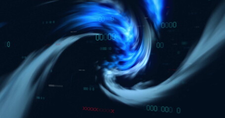 Swirling vortex emitting blue and white light in virtual data space, with green and red characters