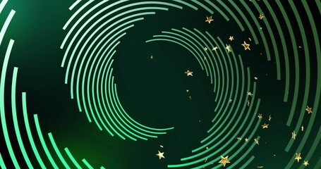 Swirling circular green and teal bars forming pattern in digital design, with metallic gold stars