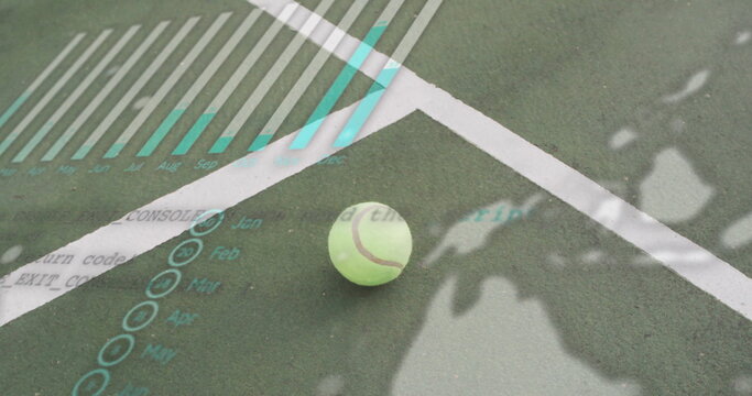 Yellow-green tennis ball resting on hard court, with white lines and augmented reality overlays