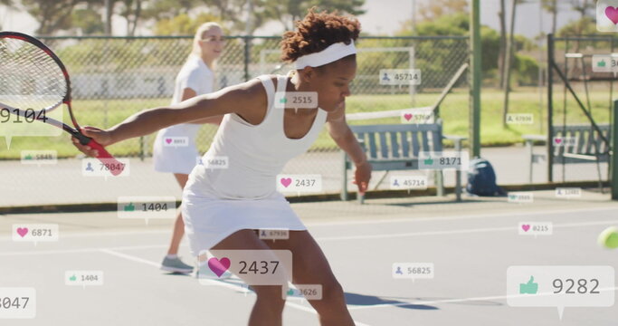 Lunging athlete in white dress and headband returning shot with racket on tennis court with icons