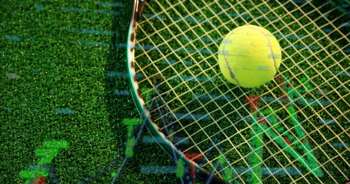 Tennis racket and tennis ball lying on turf court showing financial chart overlay, copy space - Powered by Adobe